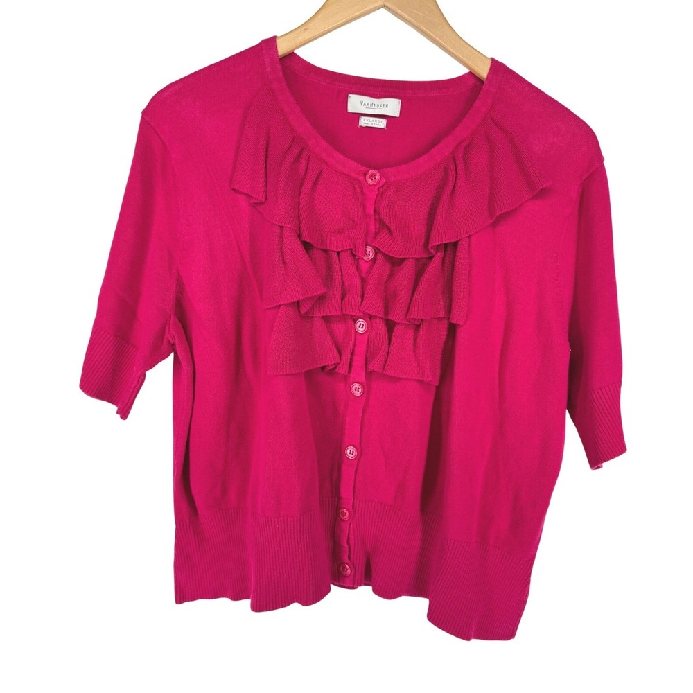 Vintage Women Cotton Cardigan Sweater Ruffle Short Sleeve Button XXL Lightweight